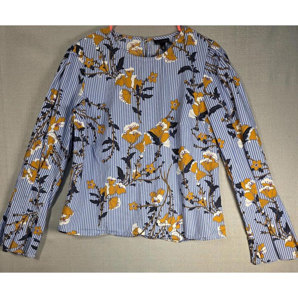 Who What Wear Women's Top Small Keyhole Back Floral Striped Blouse Flared Sleeve